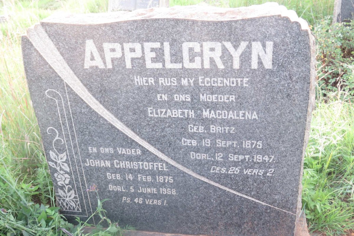 APPELGRYN Johan Christoffel 1875-1958 &amp; Elizabeth Magdalena BRITZ 1875-1947