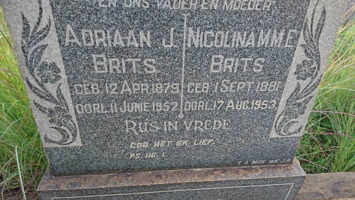 BRITS Adriaan J. 1879-1952 &amp; Nicolina M.M.E. 1881-1953