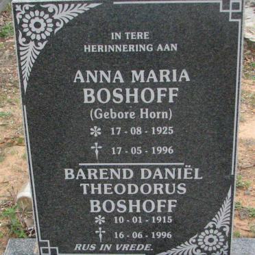 BOSHOFF Barend Daniël Theodorus 1915-1996 &amp; Anna Maria HORN 1925-1996