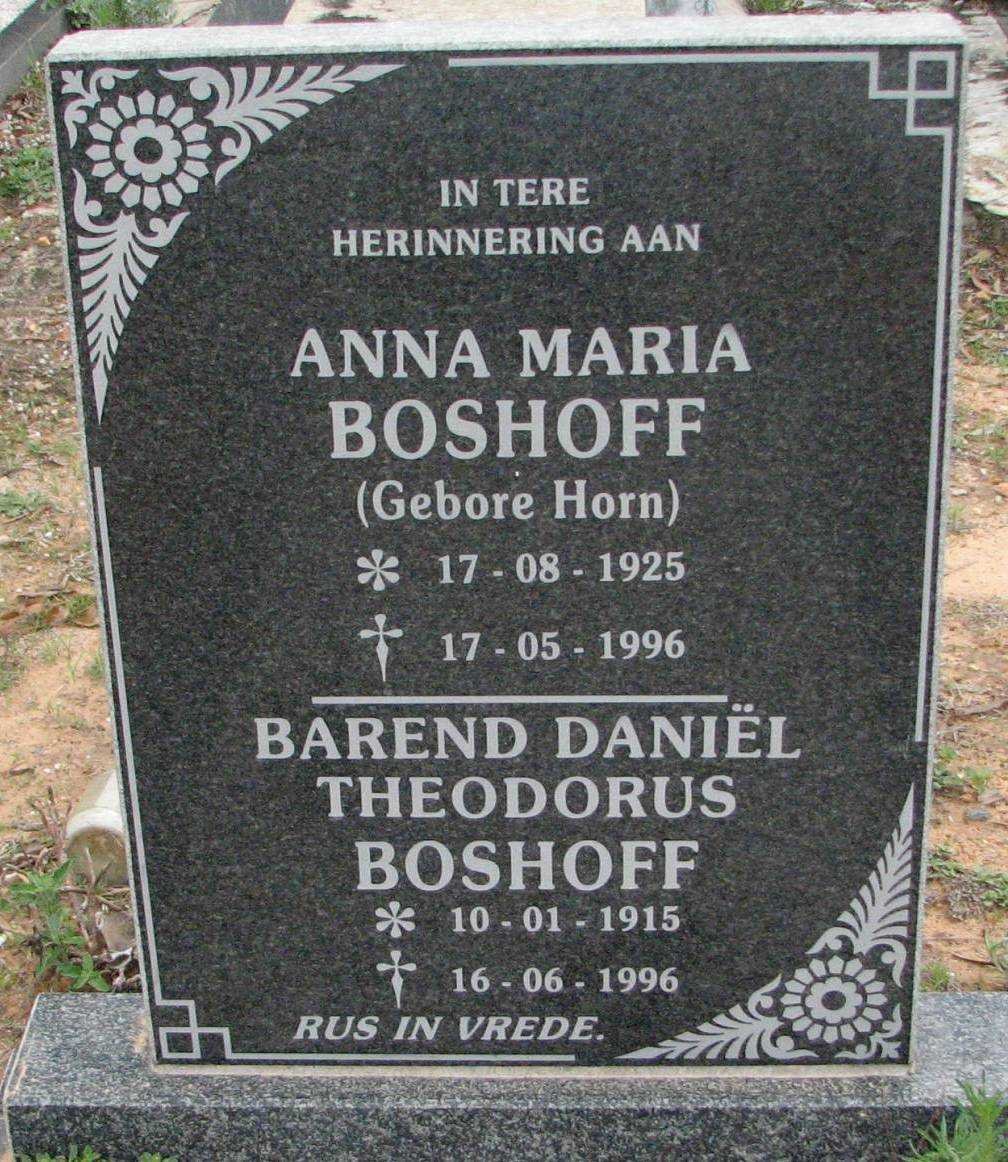 BOSHOFF Barend Daniël Theodorus 1915-1996 &amp; Anna Maria HORN 1925-1996