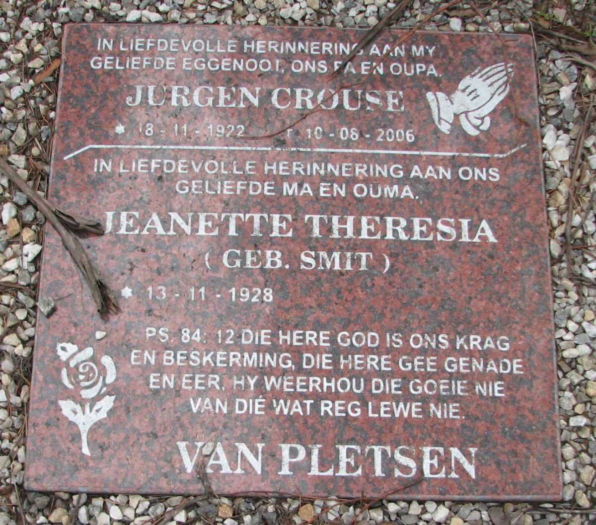 PLETSEN Jurgen Crouse, van 1922-2006 &amp; Jeanette Theresia SMIT 1928-