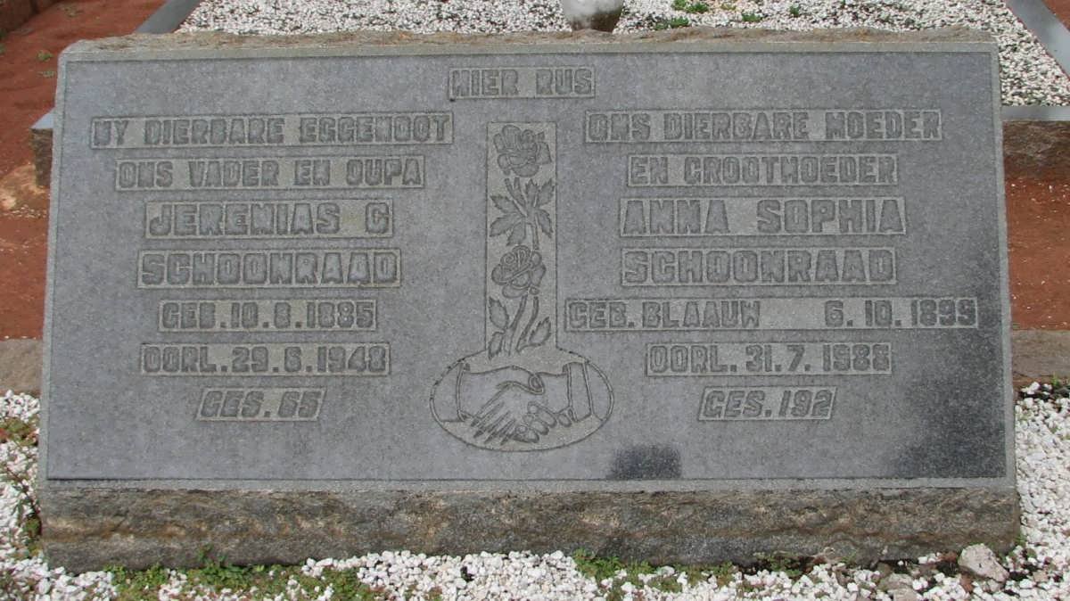 SCHOONRAAD Jeremias G. 1885-1948 &amp; Anna Sophia BLAAUW 1899-1988