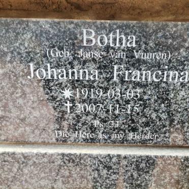 BOTHA Johanna Francina nee JANSE VAN VUUREN 1919-2007