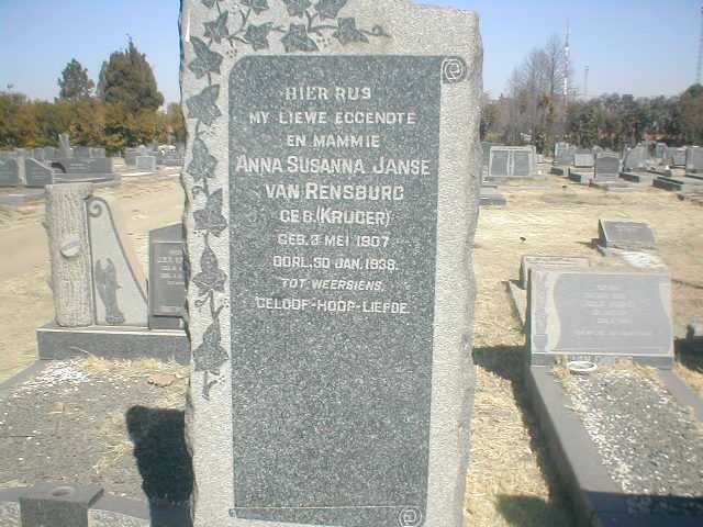 RENSBURG Anna Susanna, Janse van nee KRUGER 1907-1938
