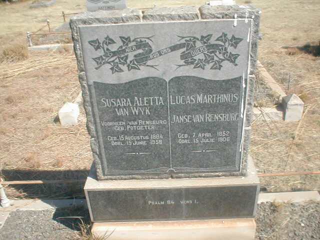 RENSBURG Lucas Marthinus, Janse van 1852-1906 &amp; Susara Aletta VAN WYK formerly VAN RENSBURG, nee POTGIETER 1864-1958