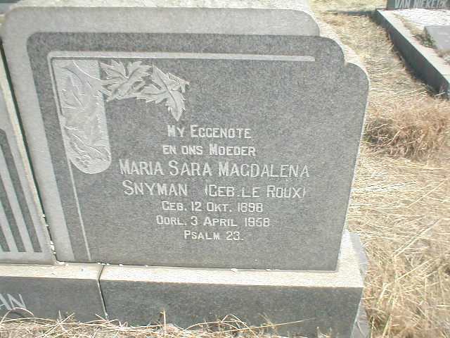 SNYMAN Maria Sara Magdalena nee LE ROUX 1898-1958
