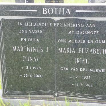 BOTHA Marthinus J. 1928-2000 &amp; Maria Elizabeth VAN DER MERWE 1937-1982