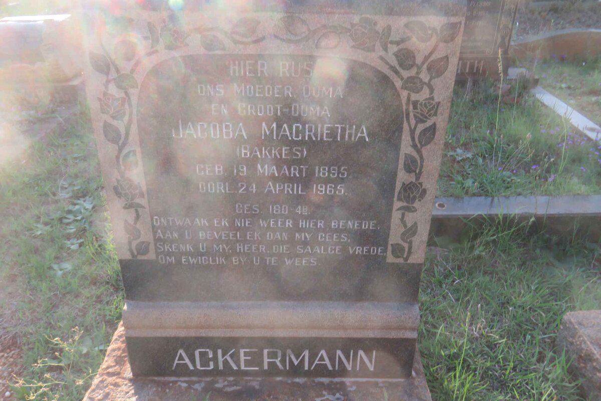 ACKERMANN Jacoba Magrietha nee BAKKES 1895-1965