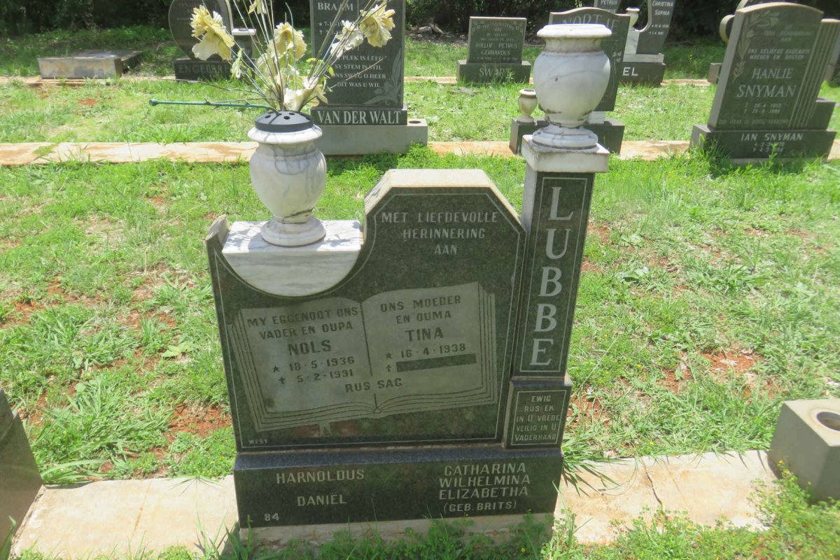 LUBBE Harnoldus Daniel 1936-1991 &amp; Catharina Wilhelmina Elizabetha BRITS 1938-
