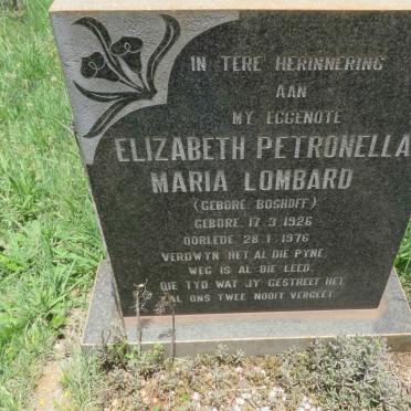 LOMBARD Elizabeth Petronella Maria nee BOSHOFF 1926-1976