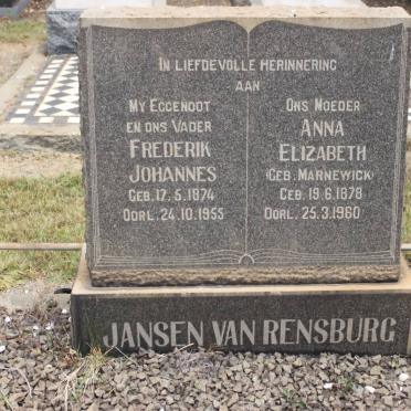 RENSBURG Frederik Johannes, Jansen Van 1874-1955 &amp; Anna Elizabeth MARNEWICK 1878-1960
