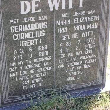 WITT Gerhardus Cornelius, de 1953-2001 &amp; Maria Elizabeth Moolman DE WITT 1977-2005
