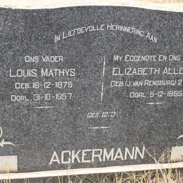ACKERMANN Louis Mathys 1875-1957 &amp; Elizabeth Alletta J. VAN RENSBURG 1884-1955
