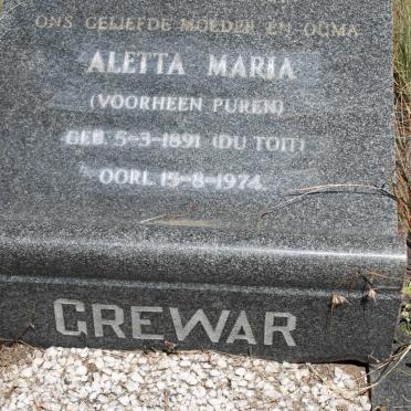 GREWAR Aletta Maria formerly PUREN nee DU TOIT 1891-1974