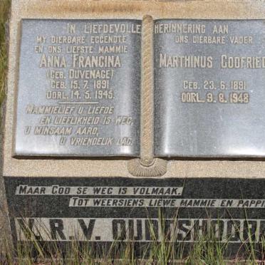 OUDTSHOORN Marthinus Godfried, v. R. v. 1891-1948 &amp; Anna Francina DUVENHAGE 1891-1945