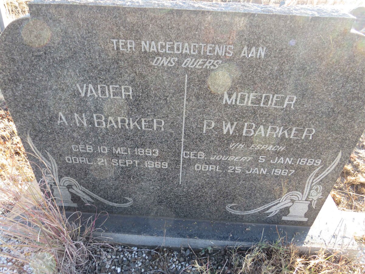 BARKER A.N. 1893-1969 &amp; P.W. voorheen ESPACH nee JOUBERT 1889-1967