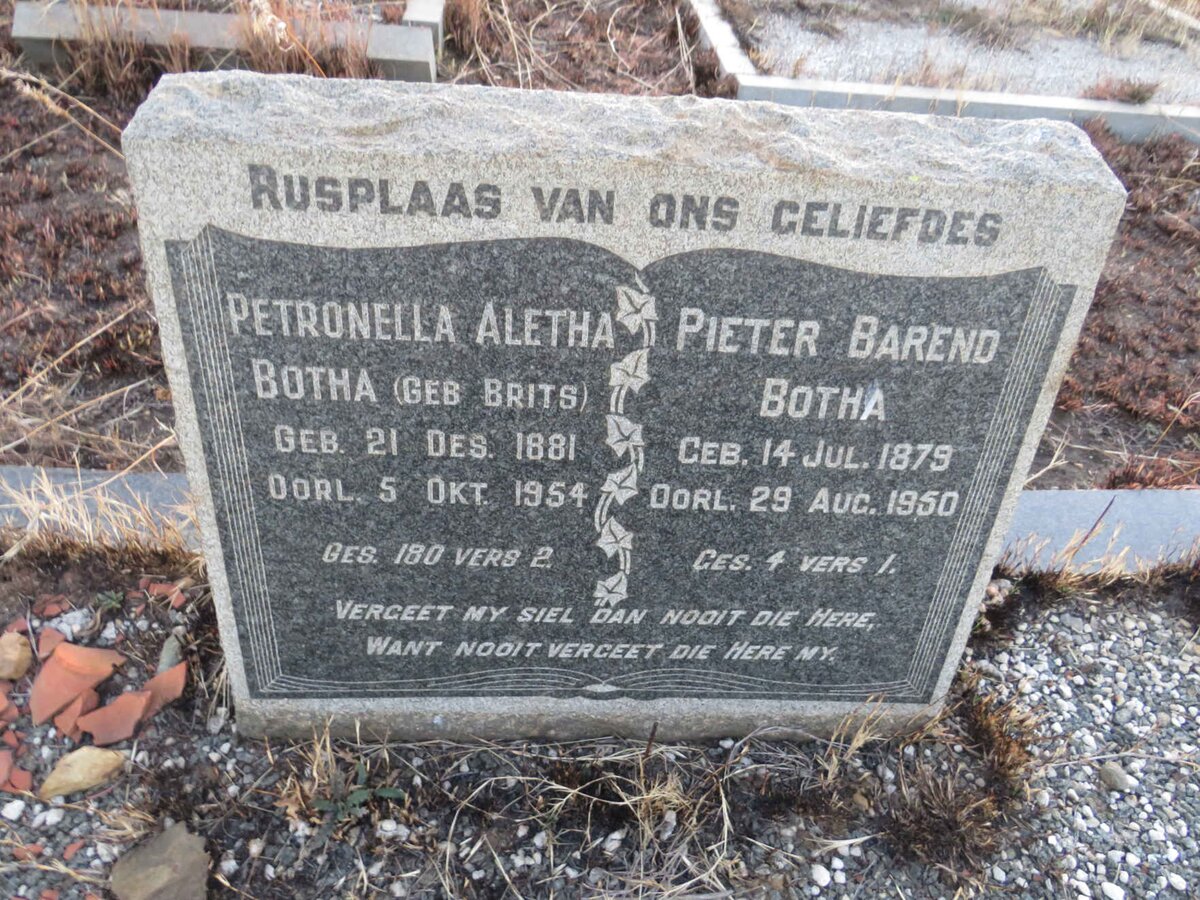 BOTHA Pieter Barend 1879-1950 & Petronella Aletha BRITS 1881-1954