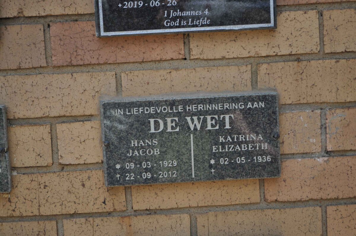 WET Hans Jacob, de 1929-2012 &amp; Katrina Elizabeth 1936-