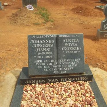 RENSBURG Johannes Jurgens, Jansen van 1930-2006 &amp; Aletta Sovia 1937-
