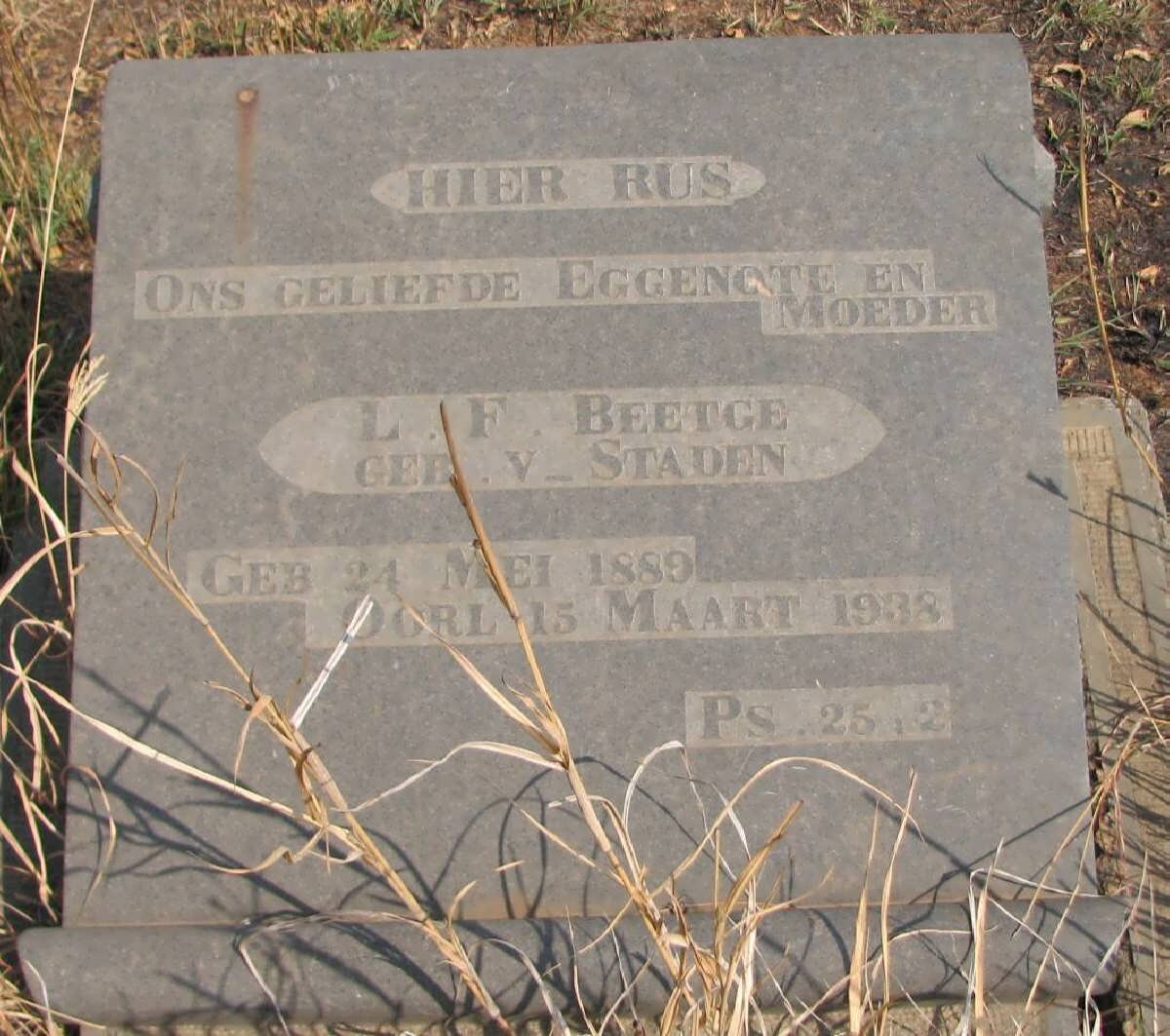 BEETGE L.F. geb V STADEN 1889-1938