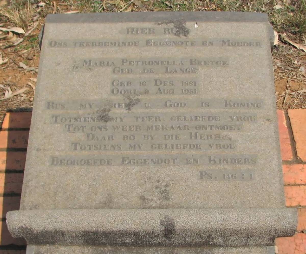 BEETGE Maria Petro geb DE LANGE 1881-1951