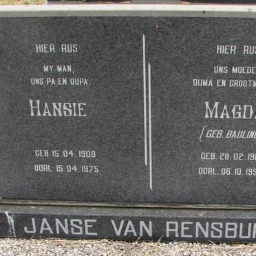 RENSBURG Hansie, Janse van 1908-1975 &amp; Magda BAULING 1913-1994