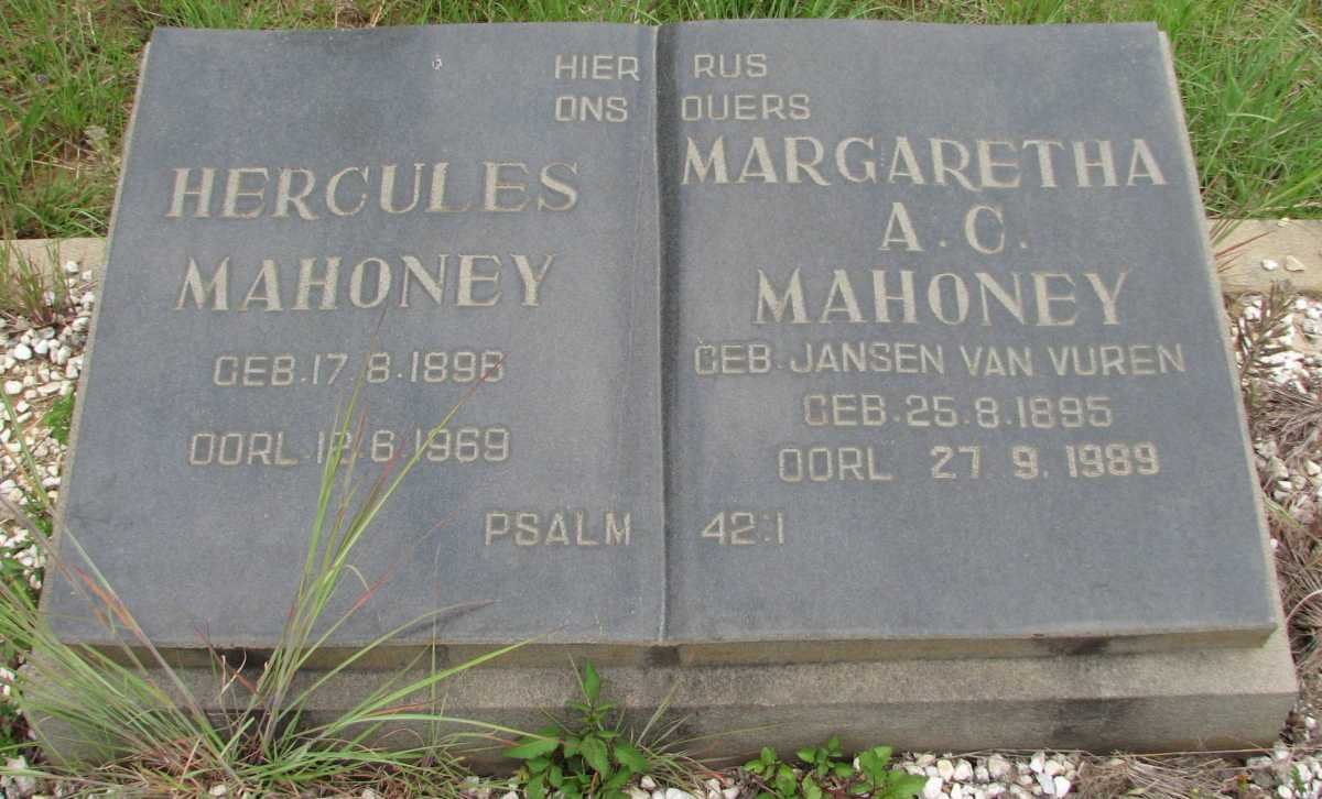MAHONEY Hercules 1896-1969 &amp; Margaretha A.C. JANSEN VAN VUREN 1895-1989