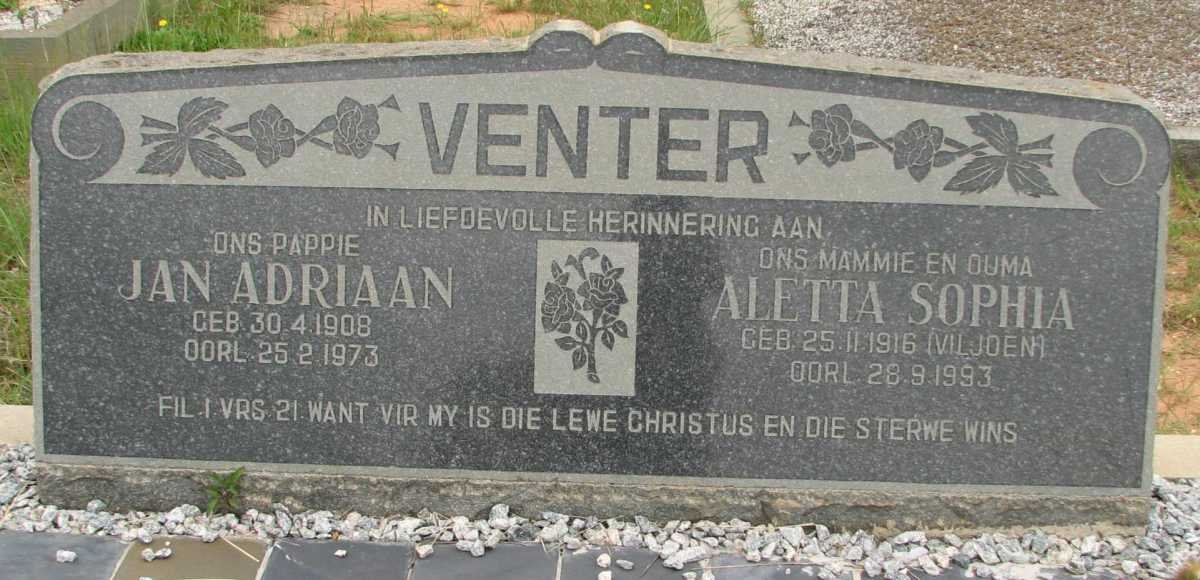 VENTER Jan Adriaan 1908-1973 &amp; Aletta Sophia VILJOEN 1916-1993