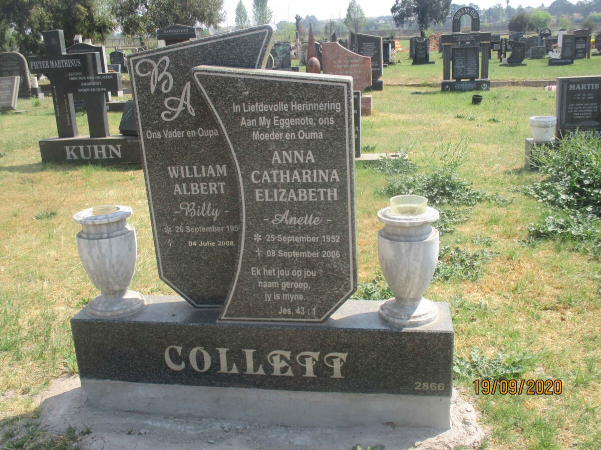 COLLETT William Albert 195?-2008 &amp; Anna Catharina Elizabeth 1952-2006