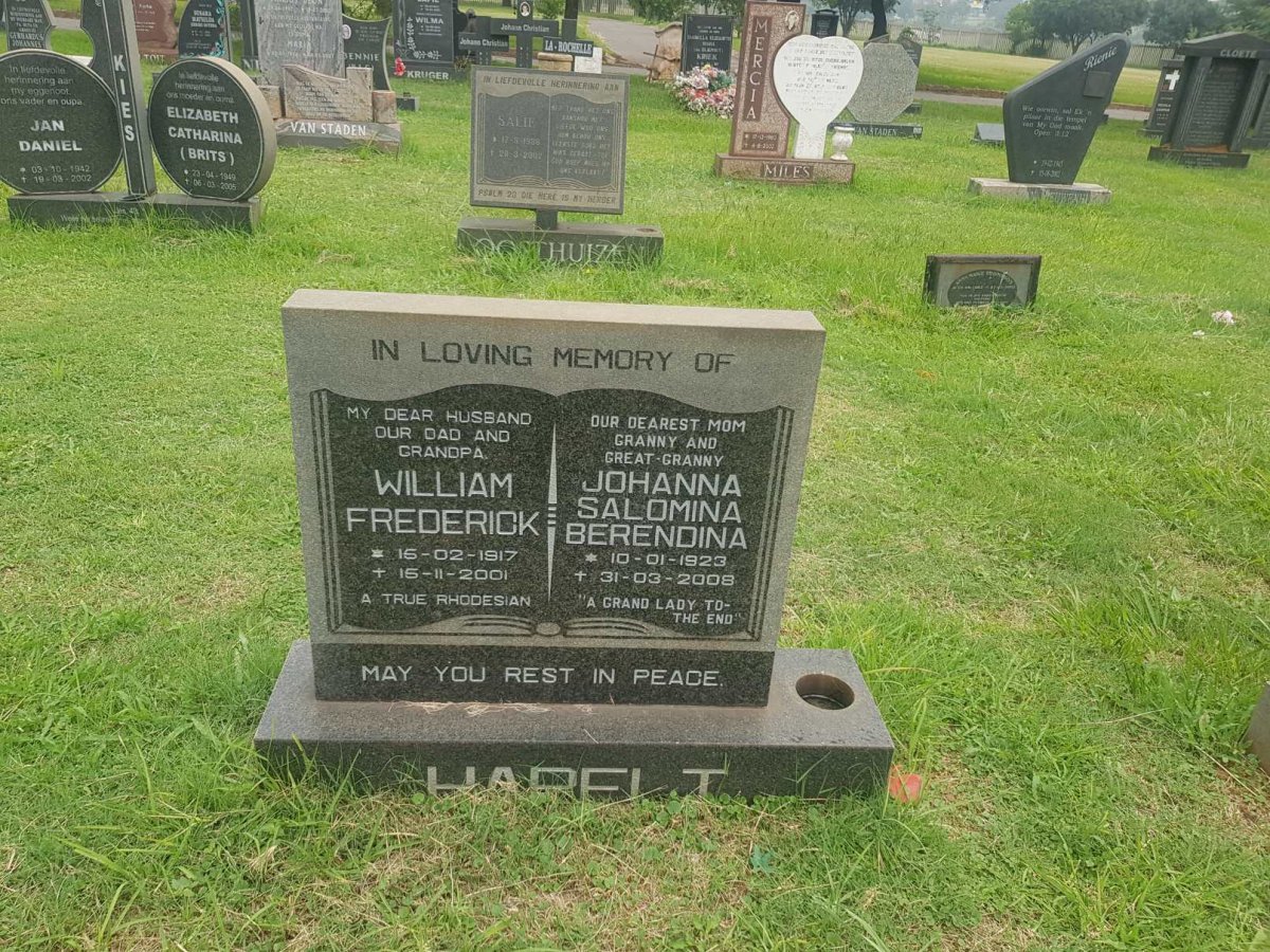 HARELT William Frederick 1917-2001 &amp; Johanna Salomina Barendina 1923-2008