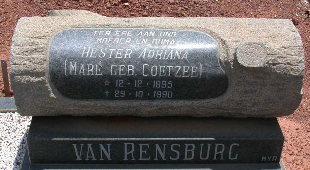 RENSBURG Hester Adriana, van voorheen MARÉ nee COETZEE 1895-1990