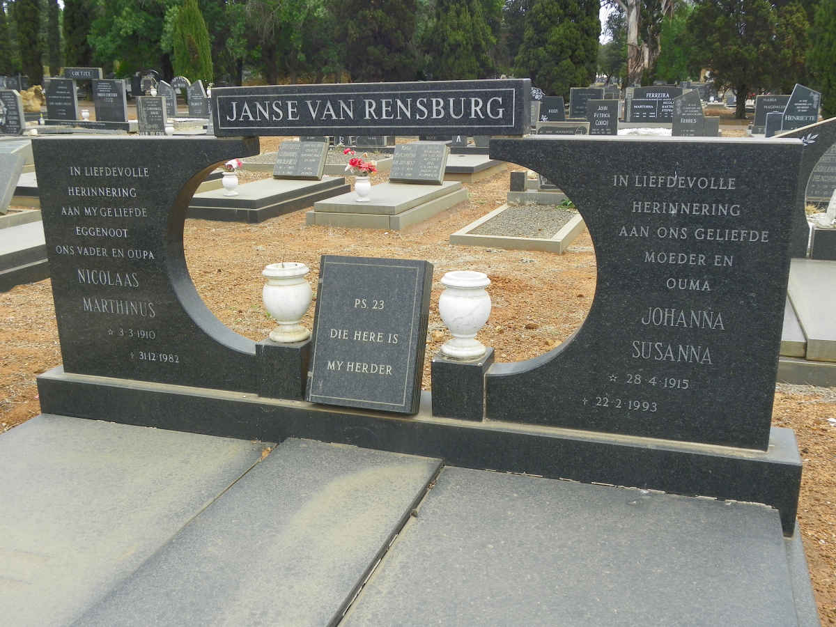 RENSBURG Nicolaas Marthinus, Janse van 1910-1982 &amp; Johanna Susanna 1915-1993