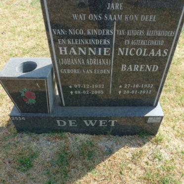 WET Nicolaas Barend, de 1932-2012 &amp; Johanna Adriana VAN EEDEN 1932-2005