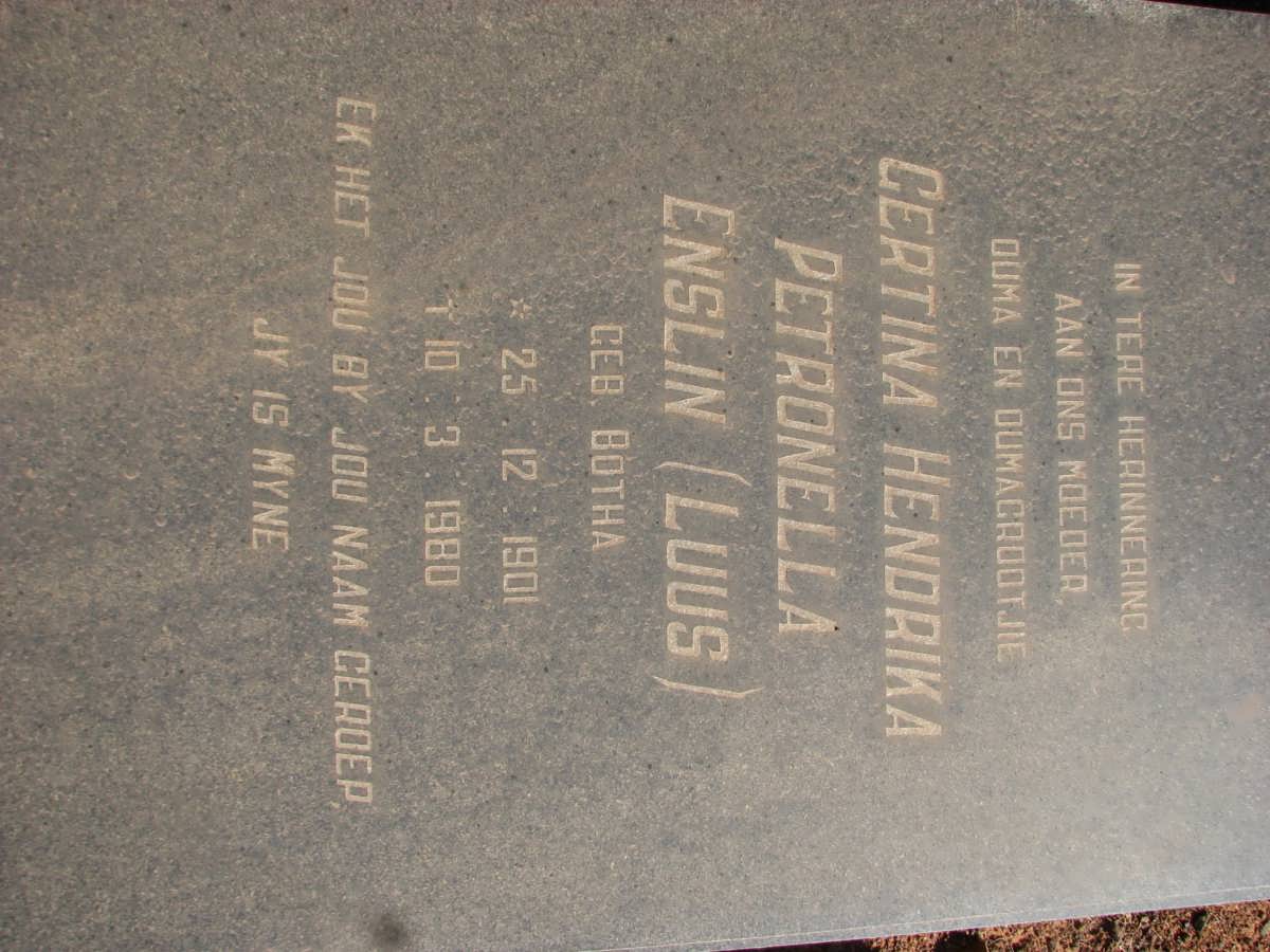 ENSLIN Gertina Hendrika Petronella formerly LUUS nee BOTHA 1901-1980