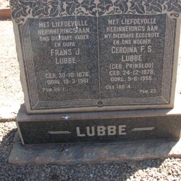 LUBBE Frans J. 1876-1961 &amp; Gerdina F.S. PRINSLOO 1878-1955