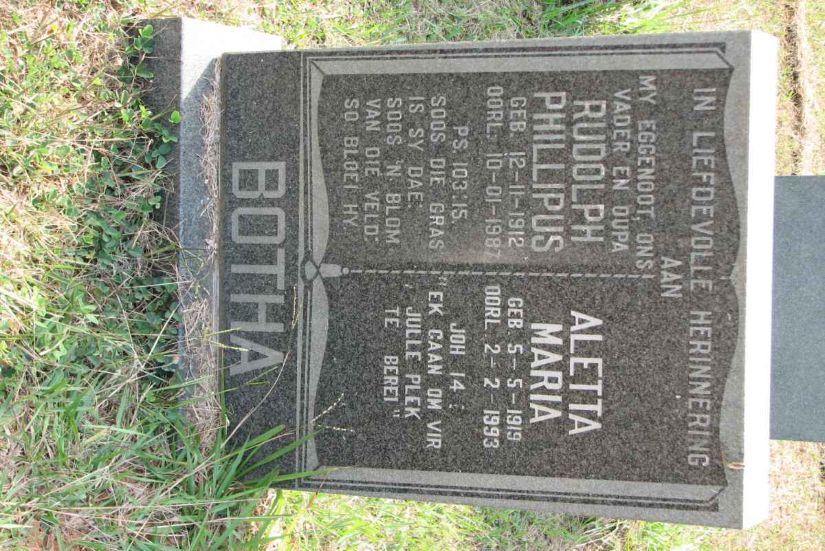 BOTHA Rudolph Phillipus 1912-1987 &amp; Aletta Maria 1919-1993