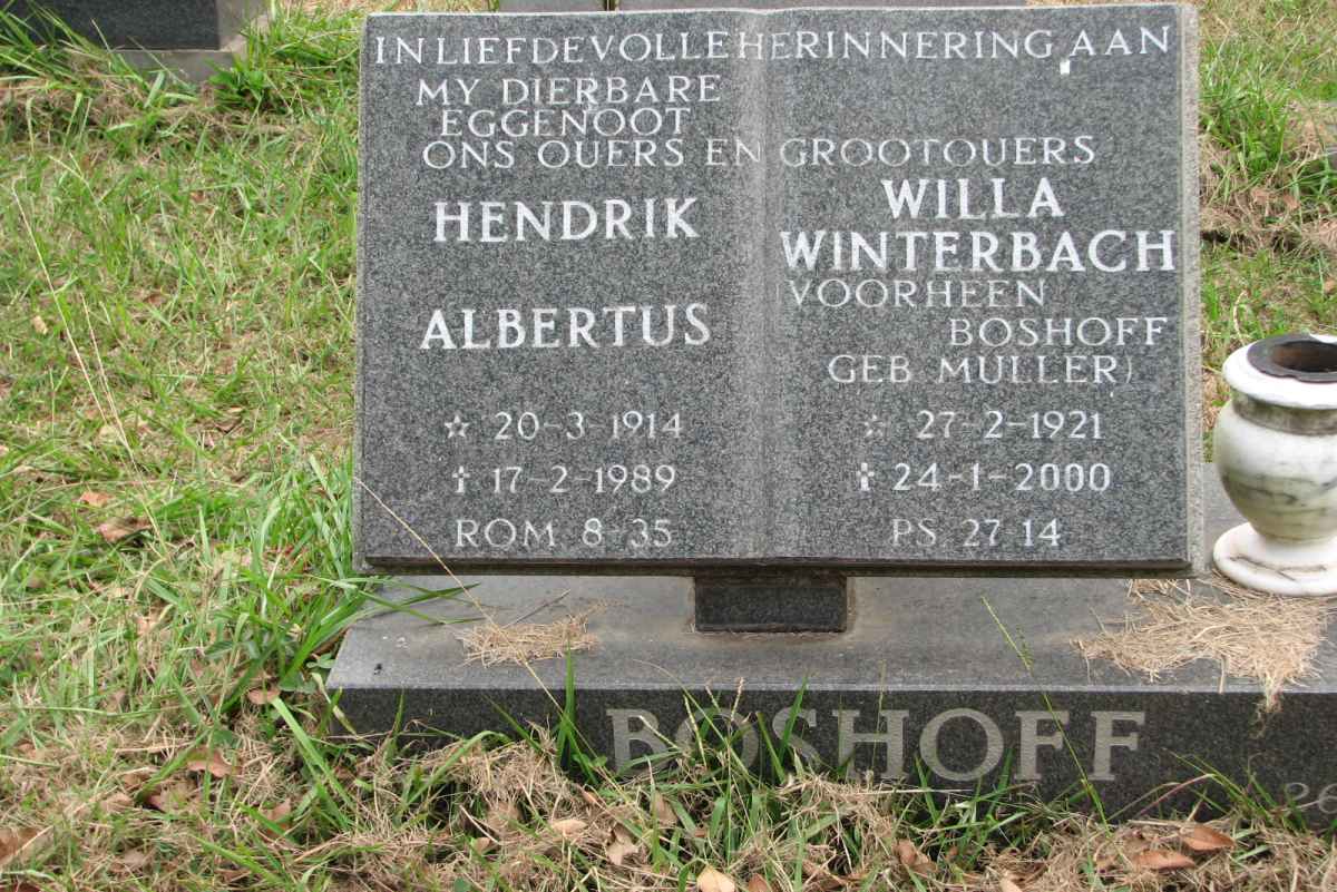 BOSHOFF Hendrik Albertus 1914-1989 &amp;  Willa WINTERBACH formerly BOSHOFF nee MULLER 1921-2000