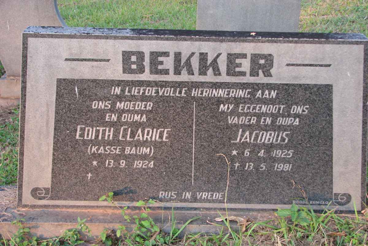 BEKKER Jacobus 1925-1981 &amp; Edith Clarice nee KASSE BAUM 1924-