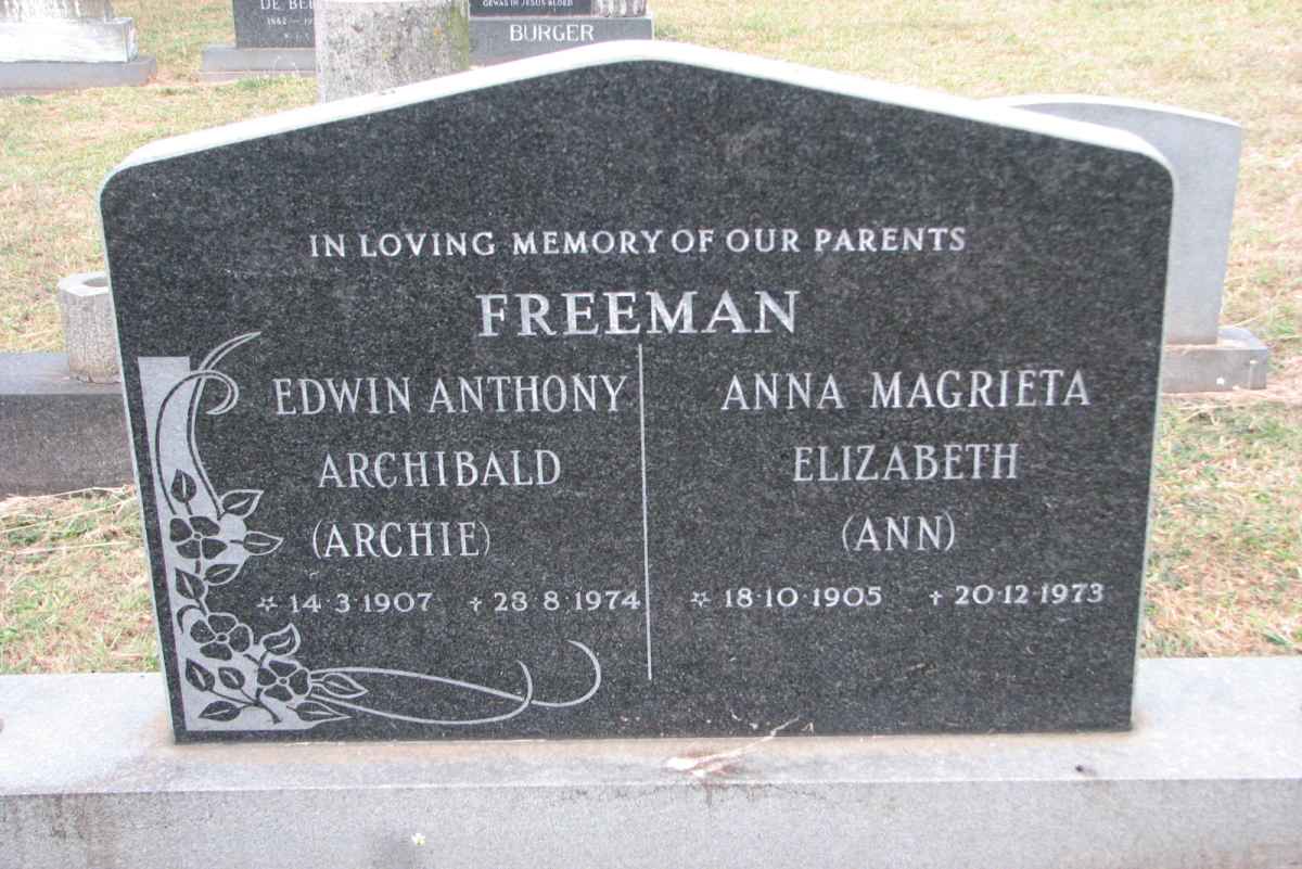 FREEMAN Edwin Anthony Archibald 1907-1974 &amp; Anna Magrieta Elizabeth 1905-1973