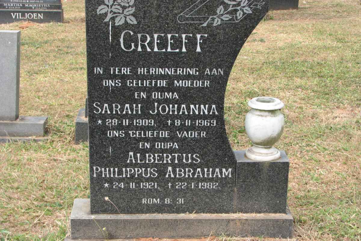 GREEFF Albertus Philippus Abraham 1921-1982 &amp; Sarah Johanna 1909-1969