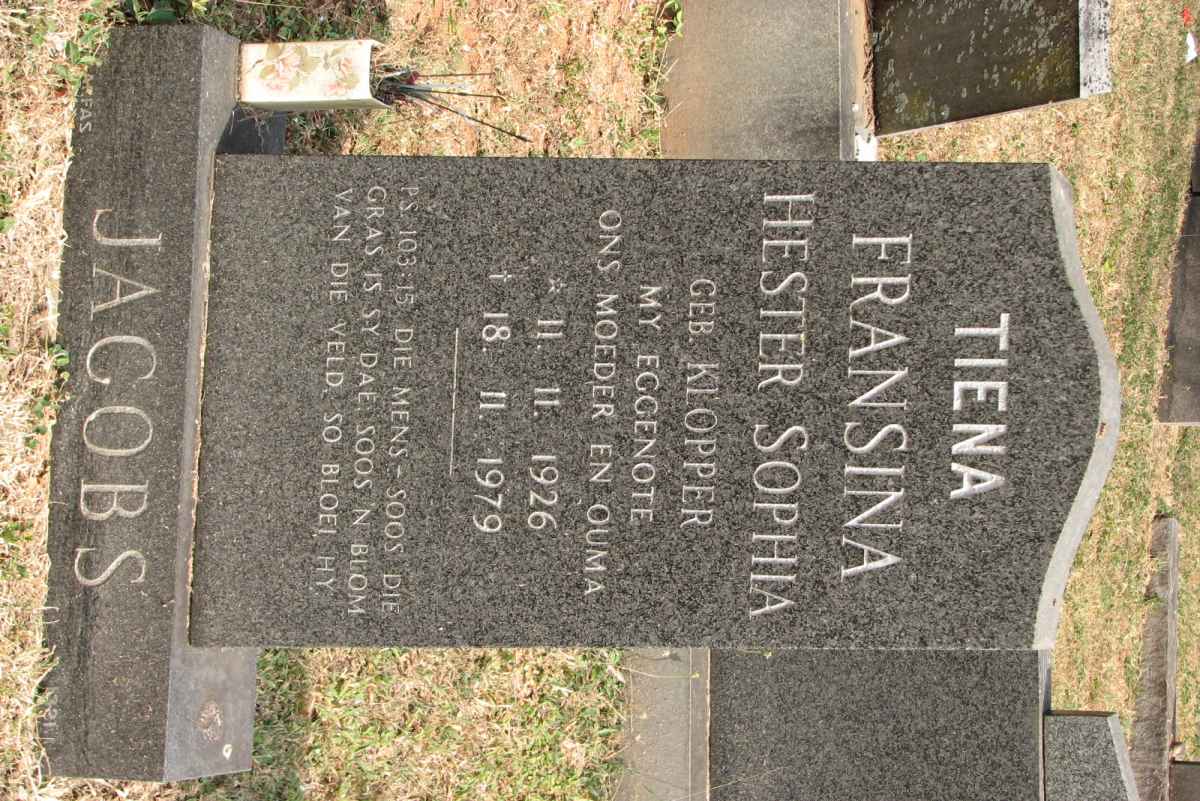 JACOBS Fransina Hester Sophia nee KLOPPER 1926-1979