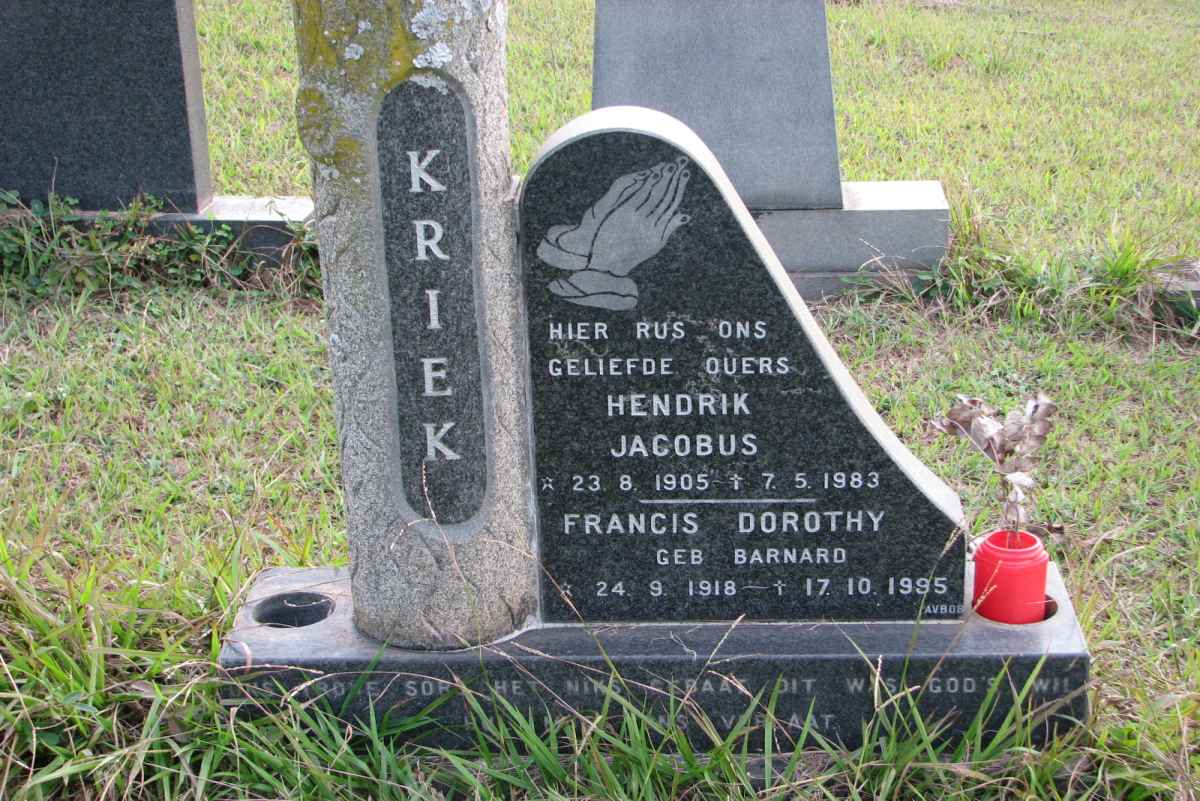 KRIEK Hendrik Jacobus 1905-1983 &amp; Francis Dorothy BARNARD 1918-1995