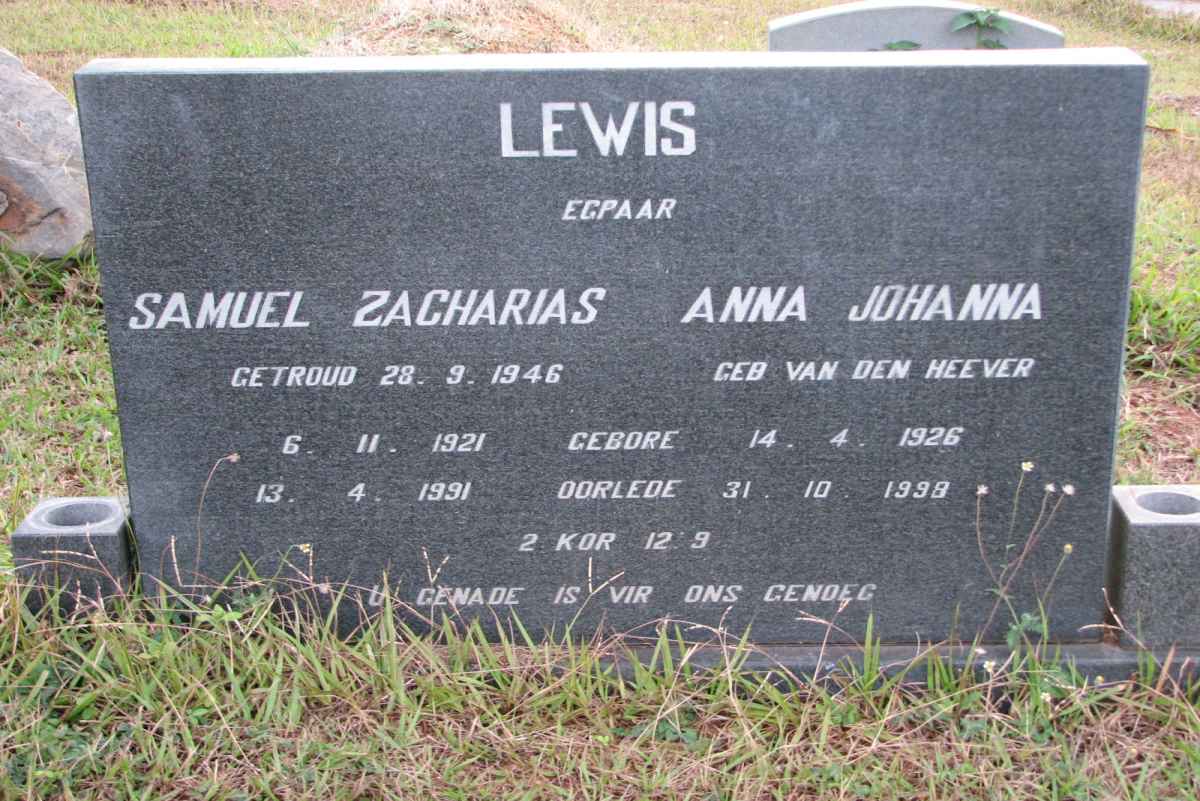 LEWIS Samuel Zacharias 1921-1991 &amp; Anna Johanna VAN DEN HEEVER 1926-1998