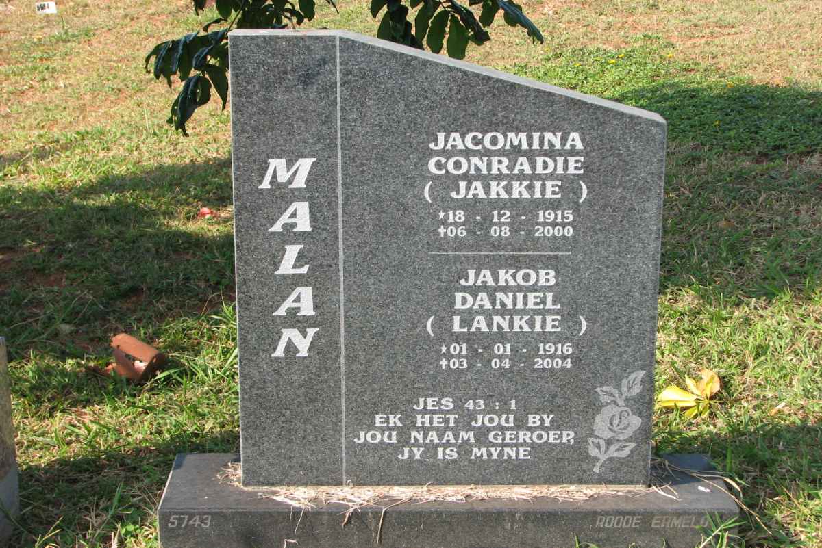 MALAN Jakob Daniel 1916-2004 &amp; Jacomina Conradie 1915-2000