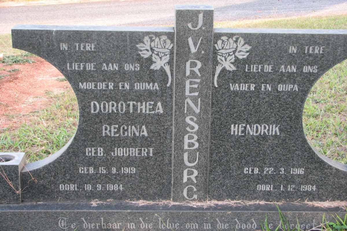 RENSBURG Hendrik, J. v. 1916-1984 &amp; Dorothea Regina JOUBERT 1919-1984