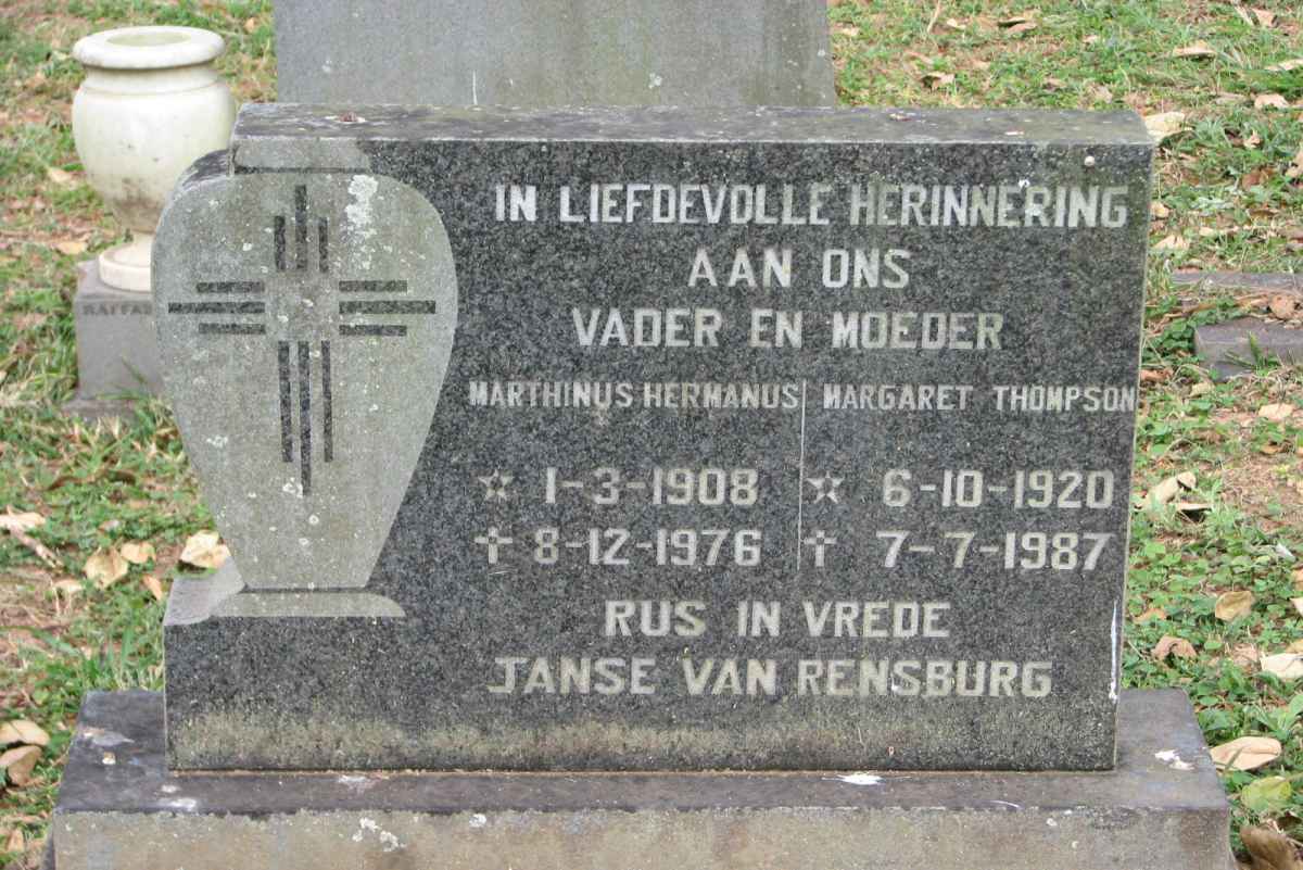 RENSBURG Marthinus Hermanus, Janse van 1908-1976 &amp; Margaret THOMPSON 1920-1987
