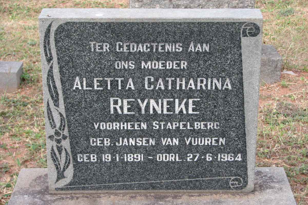 REYNEKE Aletta Catharina formerly STAPELBERG nee JANSEN VAN VUUREN 1891-1964