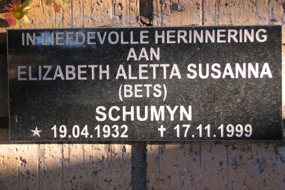 SCHUMYN Elizabeth Aletta Susanna 1932-1999