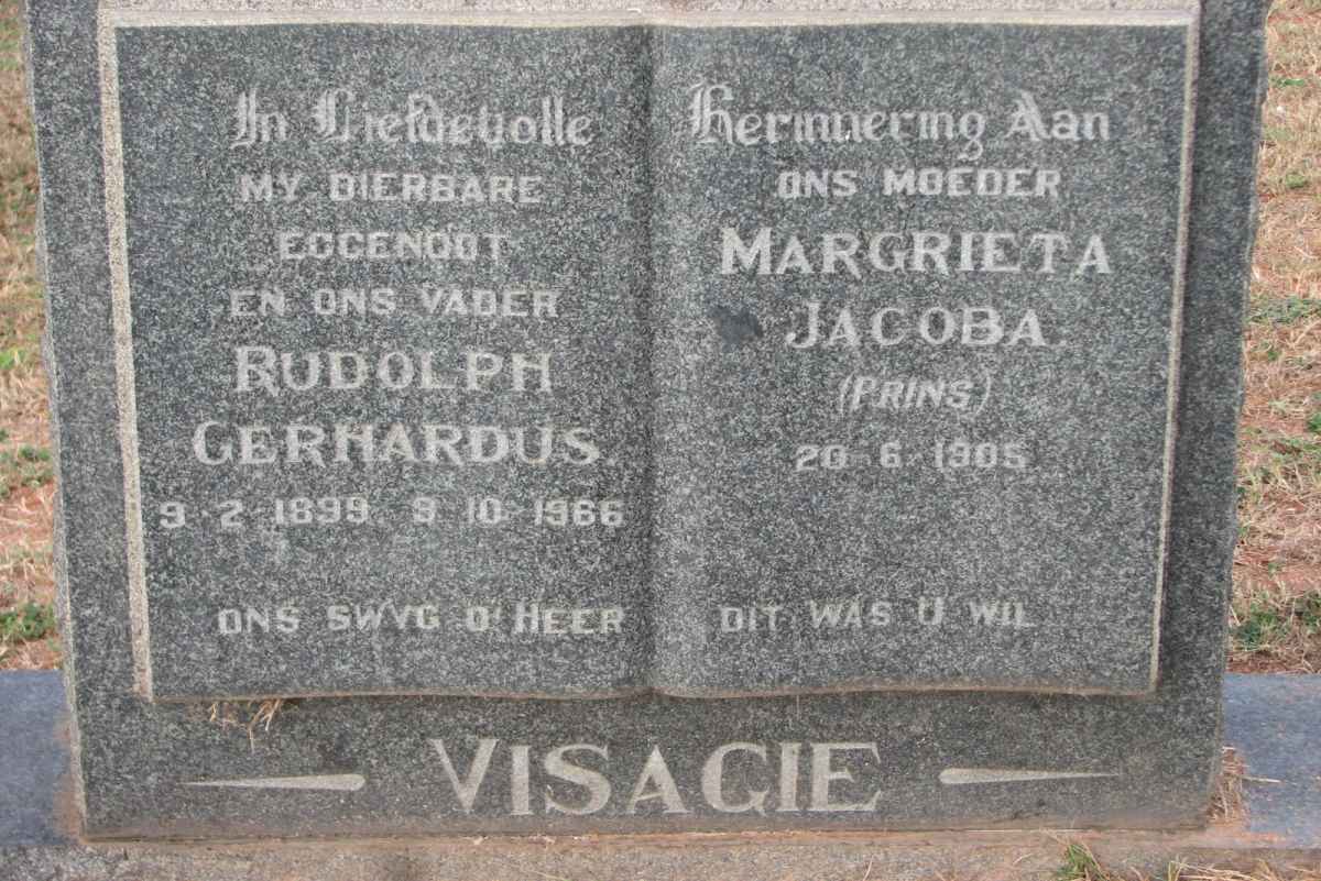 VISAGIE Rudolph Gerhardus 1899-1966 &amp; Margrieta Jacoba PRINS 1905-