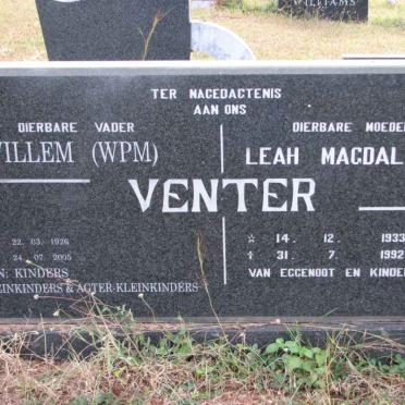 VENTER W.P.M. 1926-2005 &amp; Leah Magdalena 1933-1992